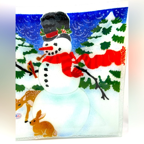 Peggy Karr Art Fused Glass Winter Snowman Cardinal Birds Square Platter 13 in - Picture 3 of 9